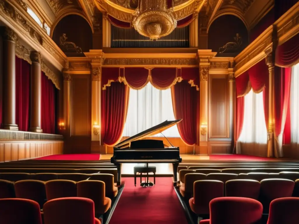 Un majestuoso piano de concierto ocupa el centro de un lujoso auditorio, bañado por una cálida luz dorada