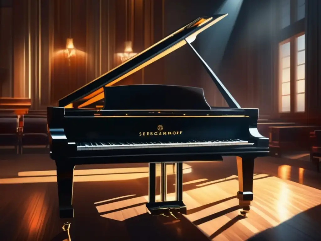Sergei Rachmaninoff interpreta con pasión en un majestuoso piano en penumbra, evocando su vida y obra