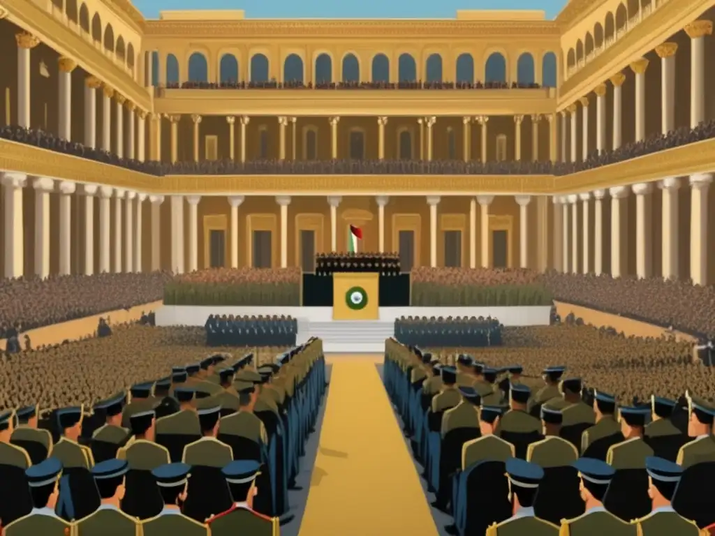 Desde un majestuoso pódium, Saddam Hussein emana poder y autoridad, rodeado de soldados en un lujoso salón