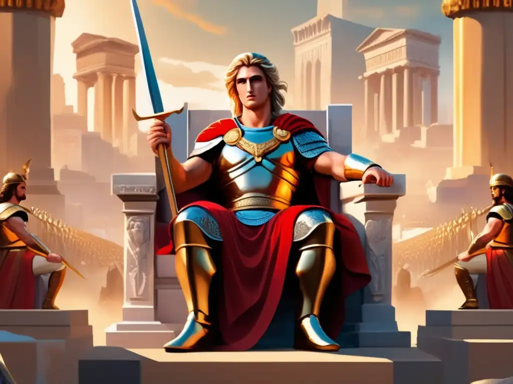 Un majestuoso retrato digital de Alejandro Magno en su trono, con su armadura icónica y una espada en mano