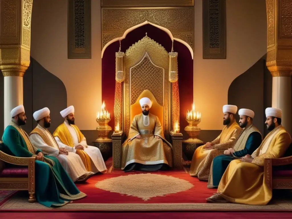 El majestuoso retrato de Sultan Suleiman el Magnífico en su trono, rodeado de cortesanos, irradia poder y lujo