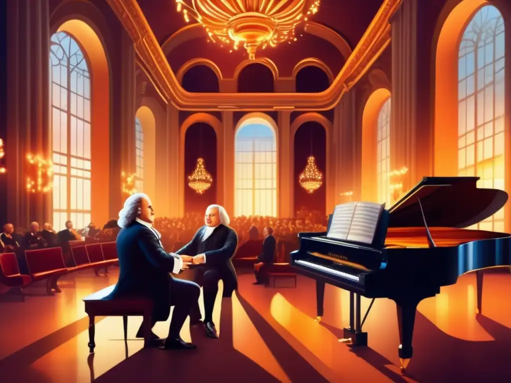 En un majestuoso salón barroco, Bach y Handel, inmersos en su música, iluminan el lienzo con el legado inmortal de Bach y Handel