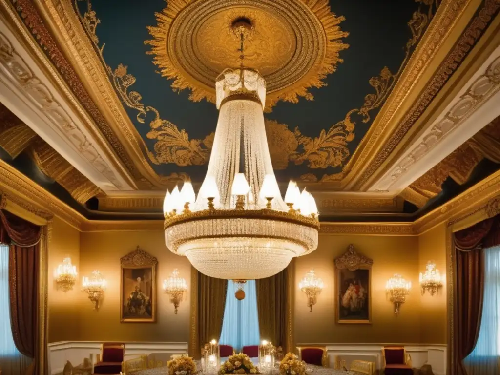 En el majestuoso salón, un deslumbrante candelabro cuelga del techo dorado, iluminando el opulento espacio con un cálido resplandor dorado