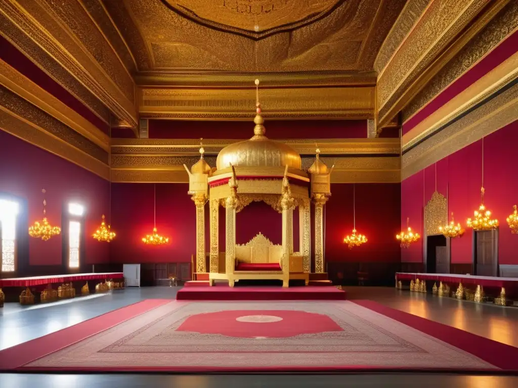 En el majestuoso salón del Imperio de Mali, dignatarios y eruditos rodean un trono dorado, rodeados de riqueza y sabiduría