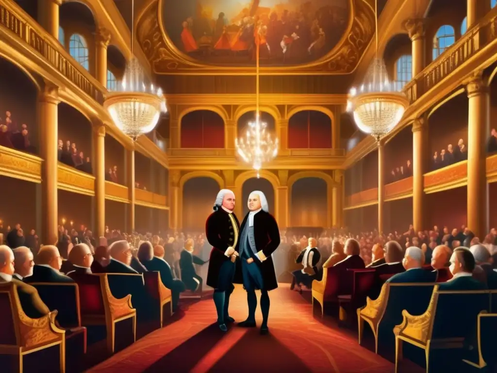 En el majestuoso salón de la música barroca, el legado inmortal de Bach y Handel cobra vida en un detallado cuadro digital