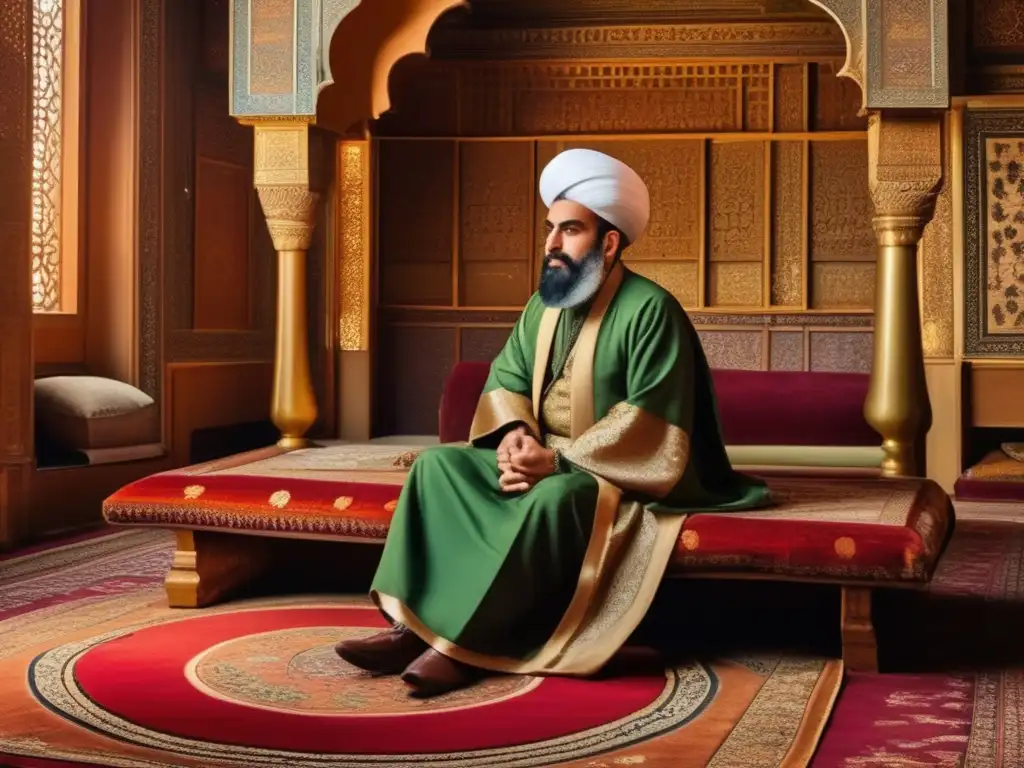 En el majestuoso salón, el visir Nizam alMulk se sumerge en sabiduría rodeado de libros, mapas y pergaminos