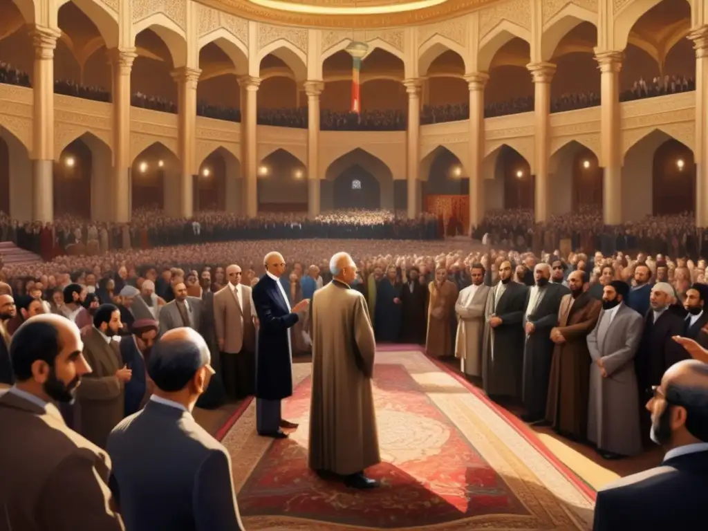 En un majestuoso salón, Mohammad Mosaddegh lidera apasionadamente a sus seguidores y consejeros en medio del Golpe de Estado de 1953 en Irán