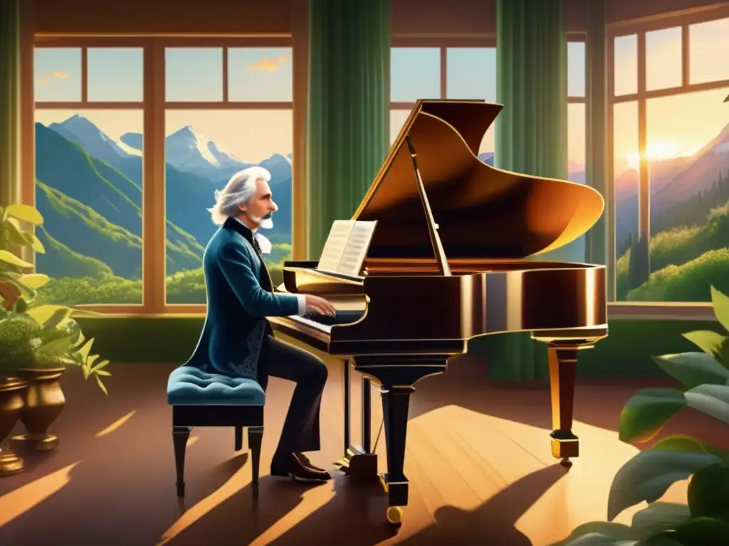 Edvard Grieg componiendo en un majestuoso salón con vistas a la naturaleza