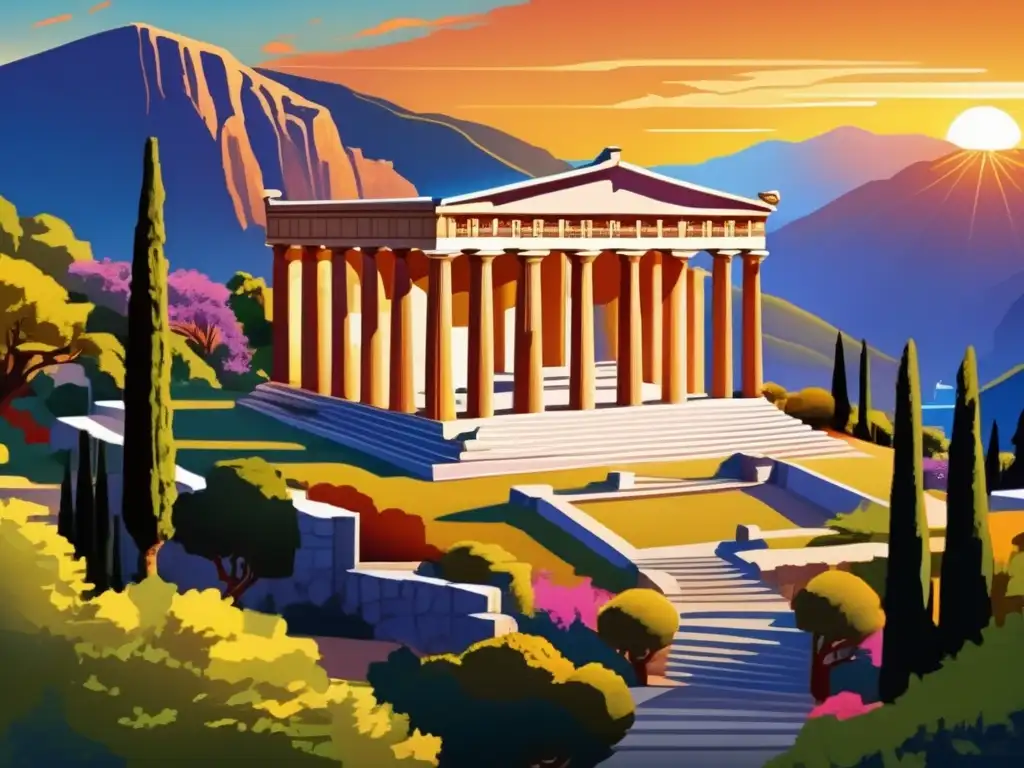 Un majestuoso templo griego en el monte Parnaso al atardecer, evocando la antigua religión griega de Walter Burkert