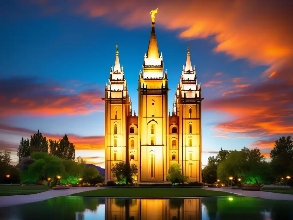 El majestuoso Templo de Salt Lake, iluminado por un vibrante atardecer, reflejándose en las tranquilas aguas de Temple Square