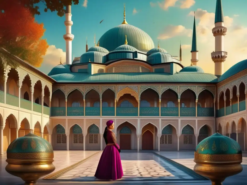 Desde el majestuoso Topkapi Palace, la dinámica corte Otomana Sultana Kösem irradia poder y esplendor en esta impresionante pintura digital