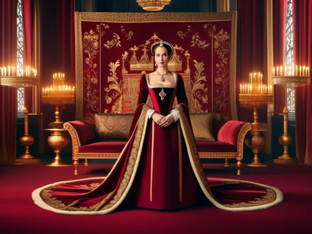 Anne Boleyn: retrato regio en la corte Tudor En el majestuoso tribunal real, Ana Bolena Reina Cambió Religión Inglaterra irradia confianza en su deslumbrante atuendo carmesí