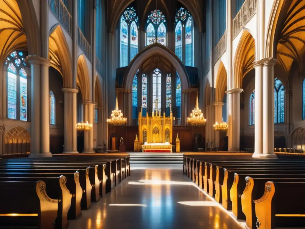 Un majestuoso trono de madera tallada, en el centro de una vasta catedral, bañado por la suave luz dorada del sol que atraviesa los vitrales