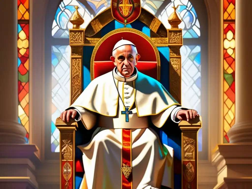 En el majestuoso trono del Vaticano, el Papa Gregorio I el Grande biografía, sereno y poderoso, contempla la historia de la Iglesia Católica