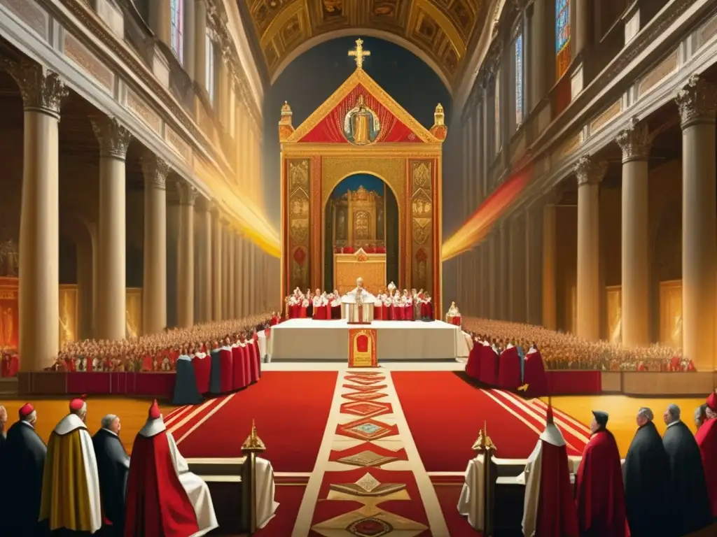 En el majestuoso Vaticano, el Papa Inocencio III preside una ceremonia rodeado de cardenales y clérigos, envuelto en ornamentos sagrados