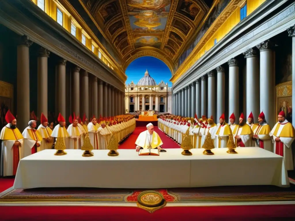 En el majestuoso Vaticano, el Papa Clemente VII preside una solemne ceremonia con cardenales, en una impresionante pintura al óleo