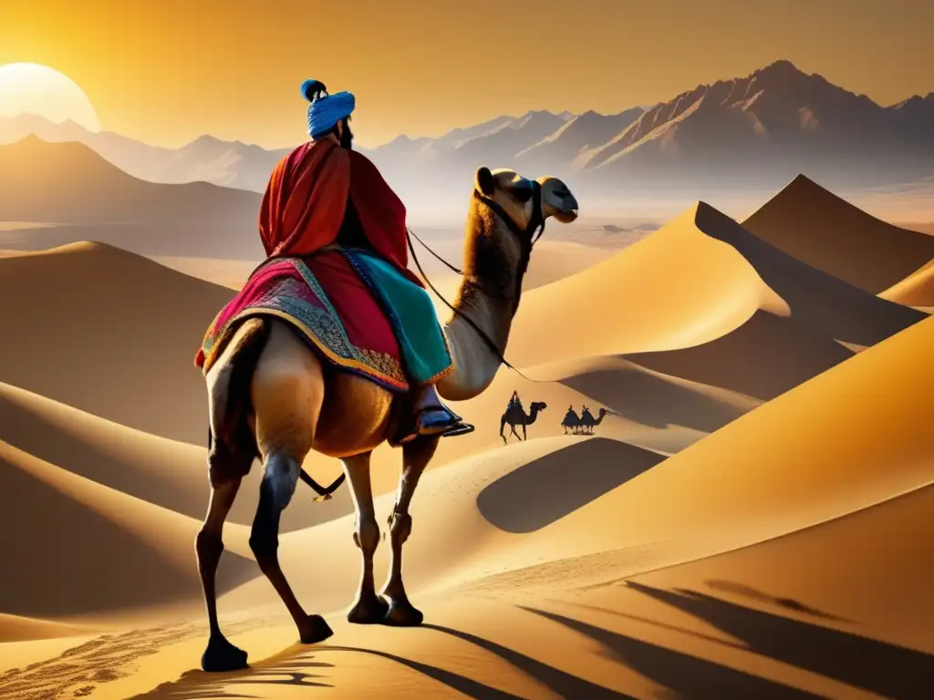 Majestuoso viaje de Marco Polo, el viajero veneciano, a través del desierto dorado de la Ruta de la Seda, rodeado de camelleros y mercaderes