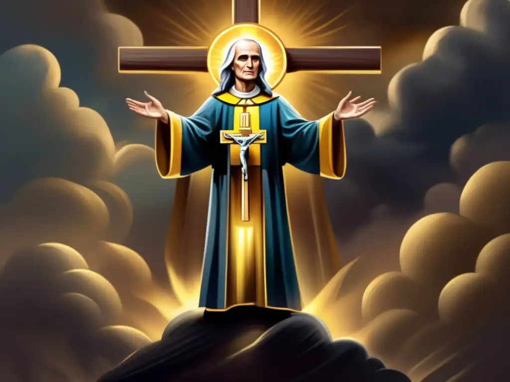 San Juan María Vianney: Luz en la oscuridad - Pintura digital detallada San Juan María Vianney desafía al mal con valentía, sosteniendo un crucifijo mientras rayos de luz atraviesan la oscuridad