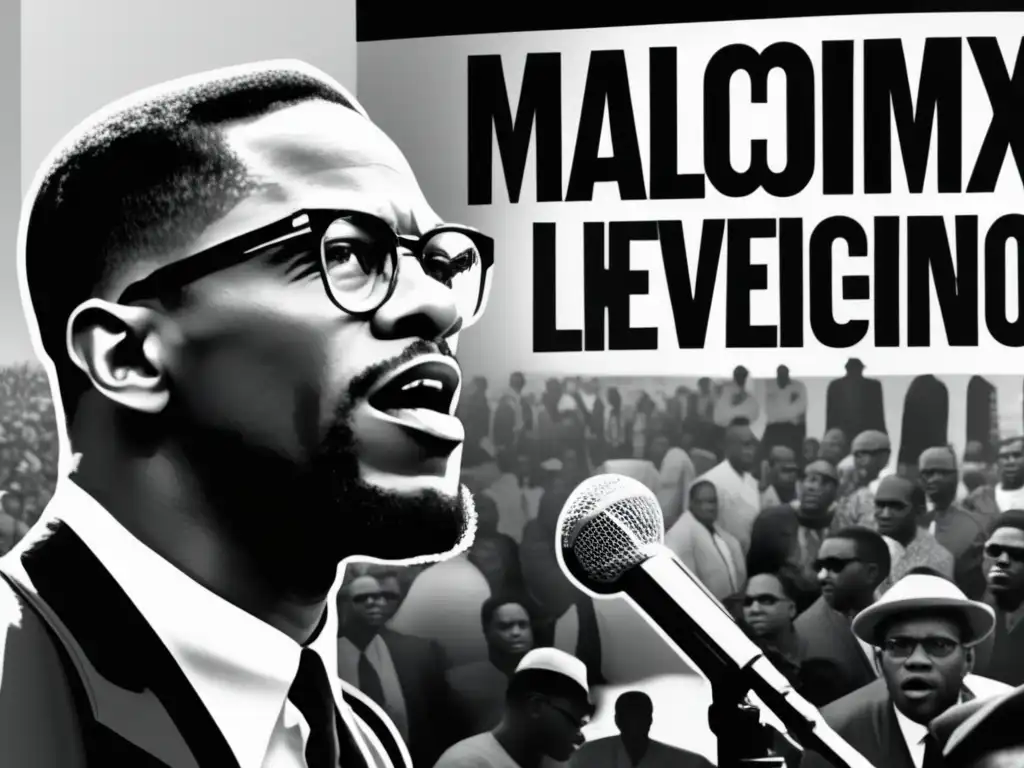 Malcolm X líder negro habla apasionadamente en un mitin, rodeado de pancartas y caras diversas