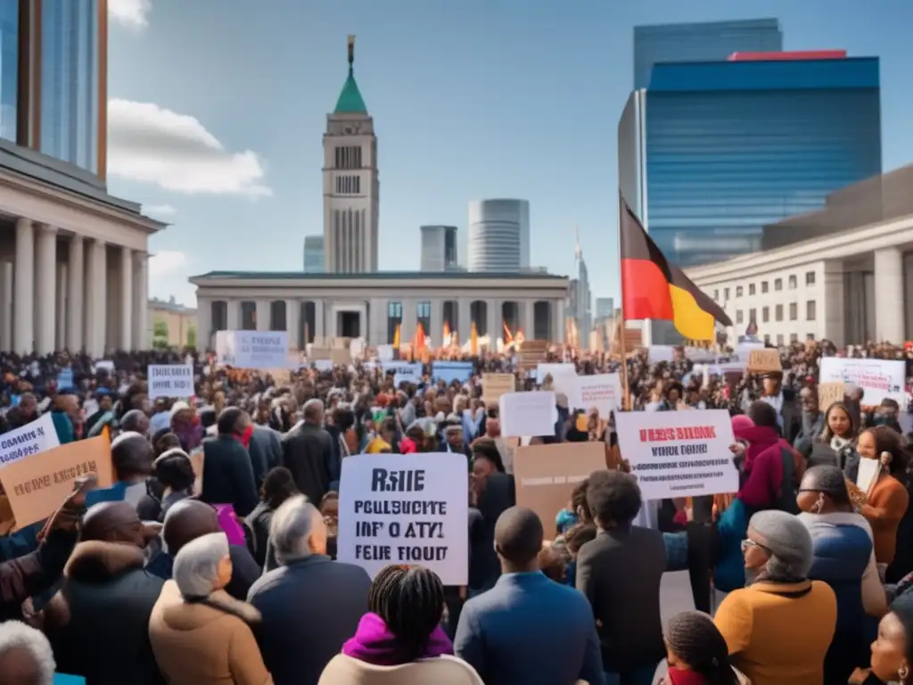 Manifestación diversa en plaza moderna de la ciudad, con pancartas y consignas