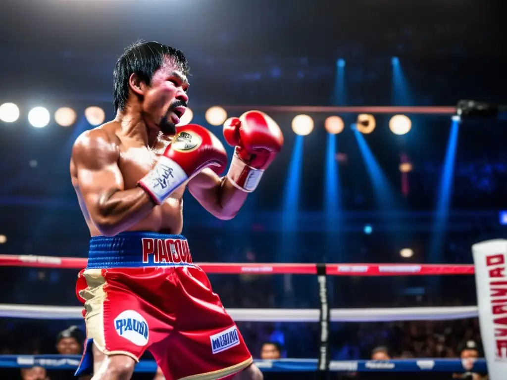 Manny Pacquiao, boxeador con influencia filipina, lanzando un poderoso golpe en el ring