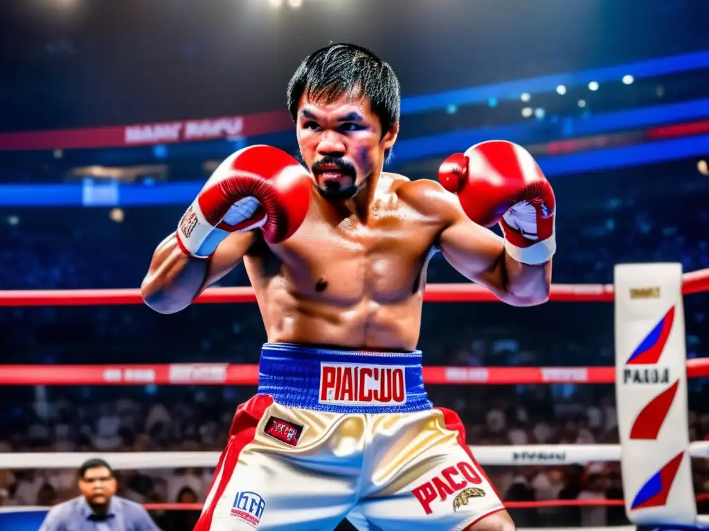 Manny Pacquiao lanzando un potente golpe en el ring, mostrando la intensidad y pasión