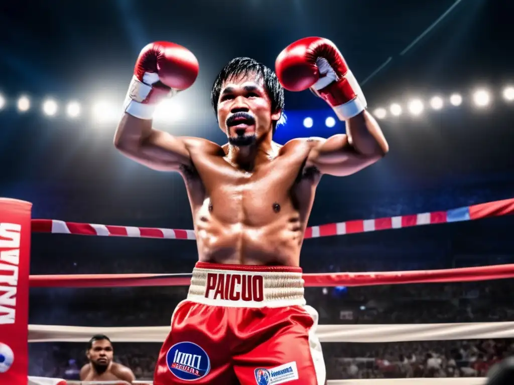 Manny Pacquiao en el ring con guantes rojos, mostrando influencia filipina en la historia del boxeo