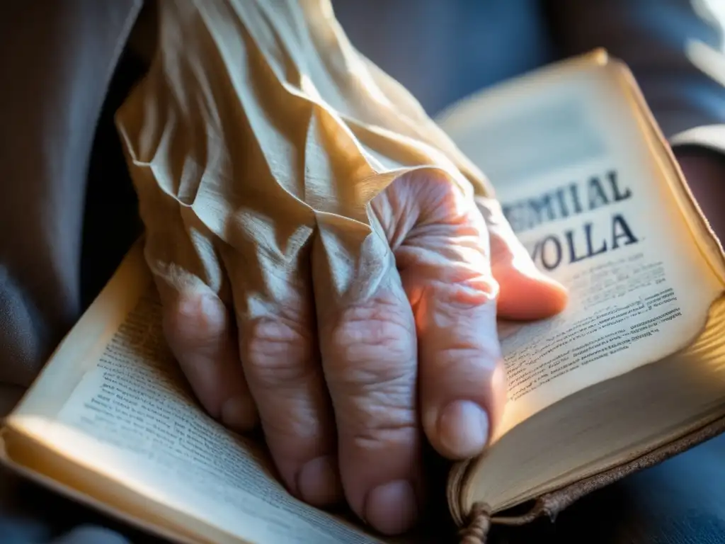 Una mano arrugada sujeta con fuerza el desgastado libro 'Germinal' de Émile Zola, evocando realismo desgarrador y resistencia literaria