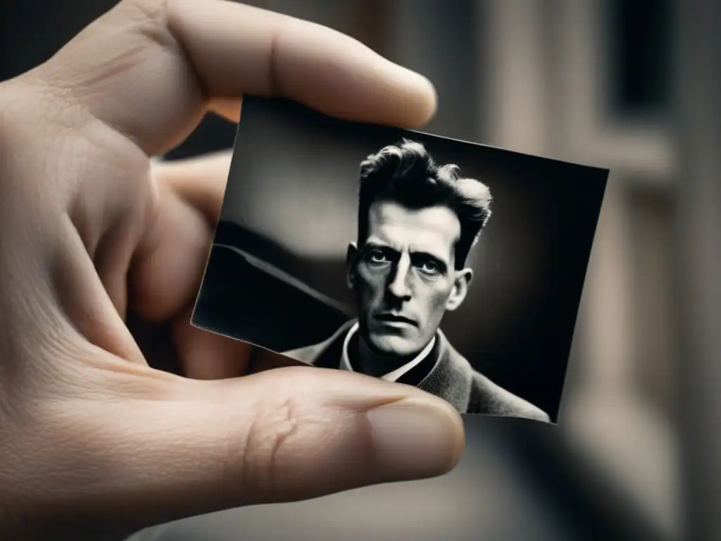 La mano sostiene con delicadeza una foto desgastada de Ludwig Wittgenstein, destacando sus arrugas y la textura de la piel