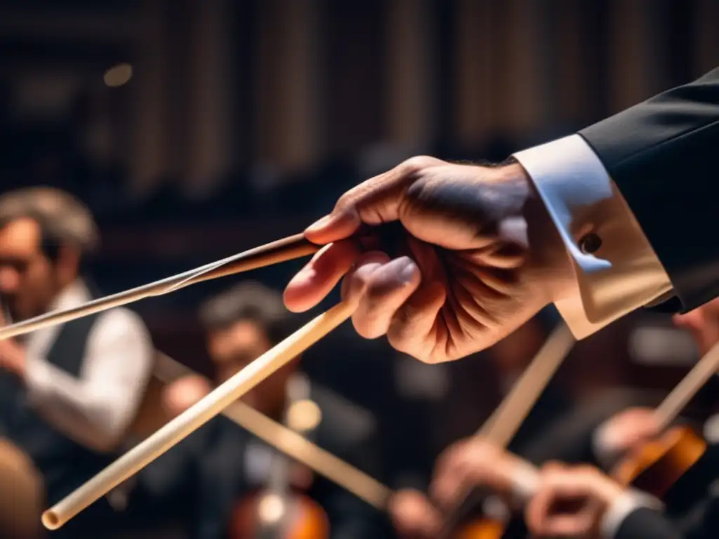 La mano del director de orquesta sostiene el bastón con intensidad, mientras dirige un apasionado crescendo