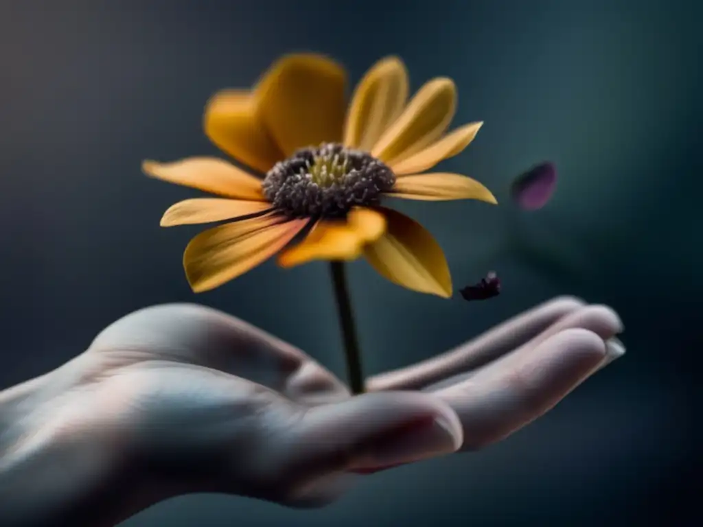 Una mano sostiene una flor marchita, simbolizando la lucha existencial y el absurdo de la vida