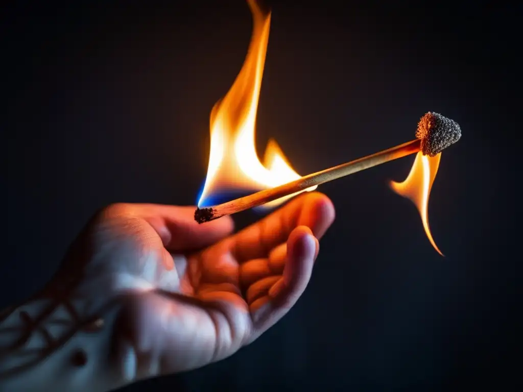 Una mano sostiene un fósforo encendido, creando formas en llamas