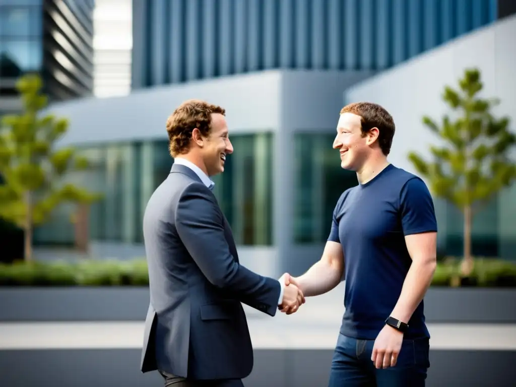 Sean Parker y Mark Zuckerberg se dan la mano frente a la sede de Facebook, reflejando el espíritu innovador del visionario digital