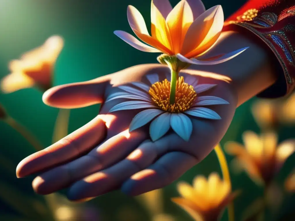 La mano de una persona sostiene delicadamente una flor en plena floración, mientras la luz del sol crea patrones intrincados en los pétalos