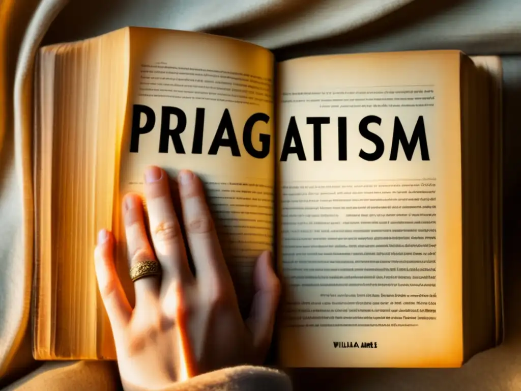 La mano de una persona alcanzando un libro vintage desgastado titulado 'Pragmatism' de William James, bañada en cálida luz natural