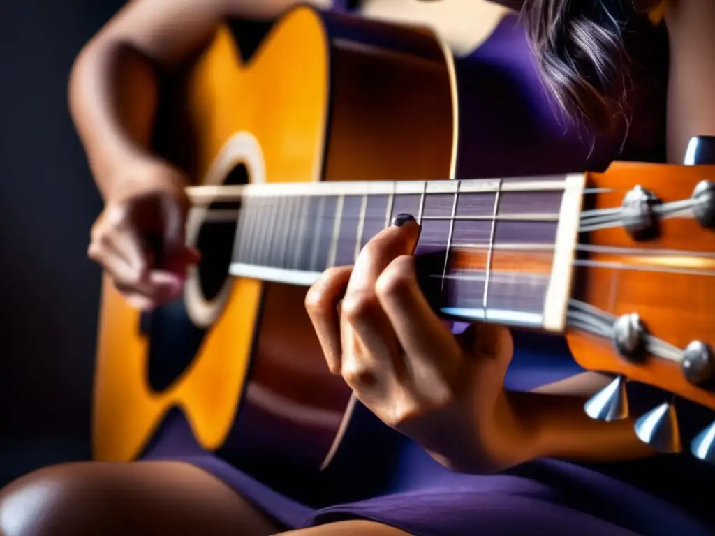 Las manos expertas de Violeta Parra tocan la guitarra, mostrando la emoción y la historia de su música