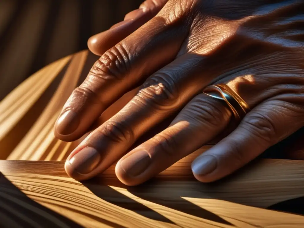 Las manos de François Pinault examinan con delicadeza el grano de una madera rara y lujosa, iluminadas por el cálido sol