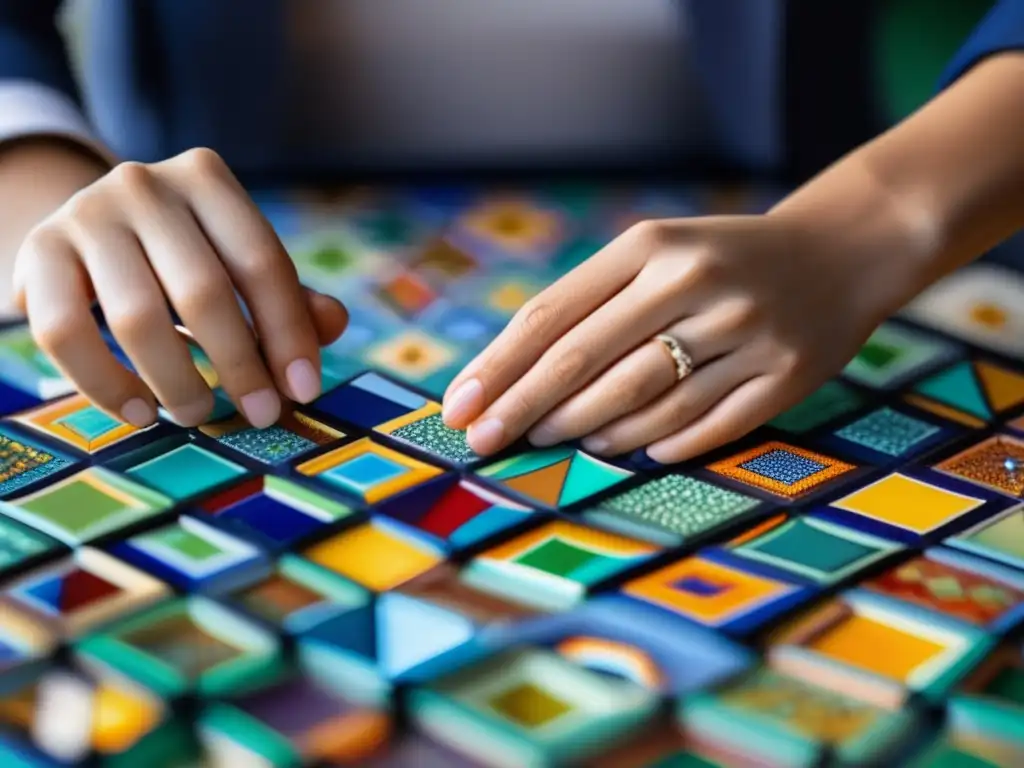 Las manos hábiles de una persona crean un intrincado patrón con mosaicos coloridos, reflejando la relevancia contemporánea de Alasdair MacIntyre y las virtudes éticas modernas