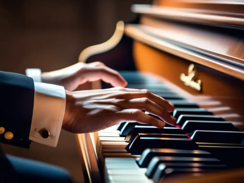 Las manos de Johann Sebastian Bach interpretando el piano, transmitiendo pasión y maestría