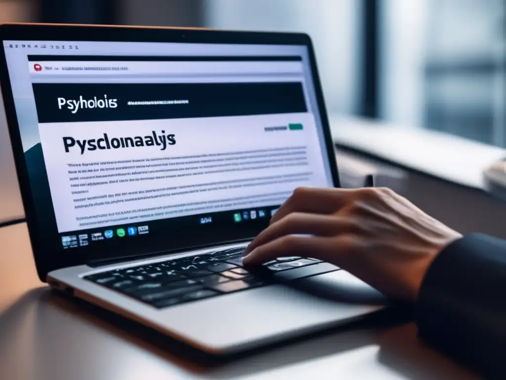Las manos de una periodista teclean con determinación en un elegante teclado, redactando un artículo sobre la combinación del psicoanálisis y el periodismo