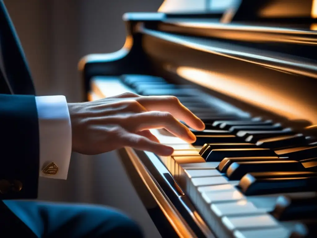 Las manos de Franz Liszt, con su técnica innovadora, deslizándose con gracia sobre las teclas del piano, destacando la intensidad de su movimiento