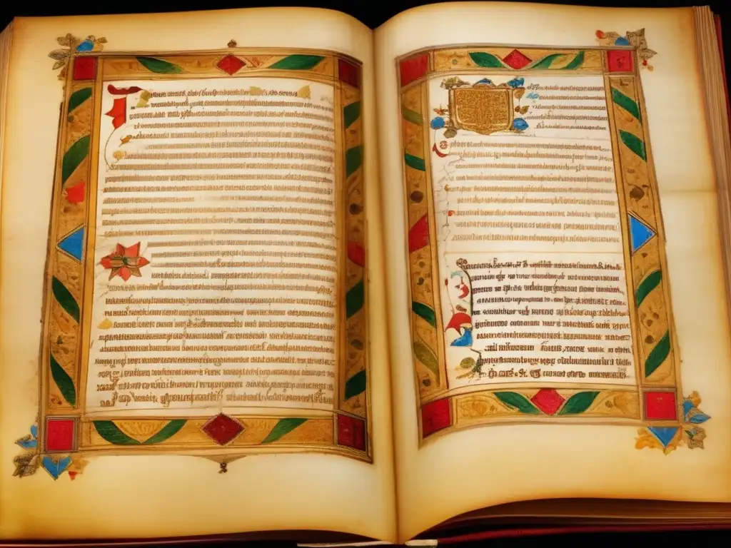 Descubre la fascinante caligrafía de Santo Tomás de Aquino Un manuscrito antiguo con intrincada caligrafía, iluminaciones vibrantes y detalles detallados
