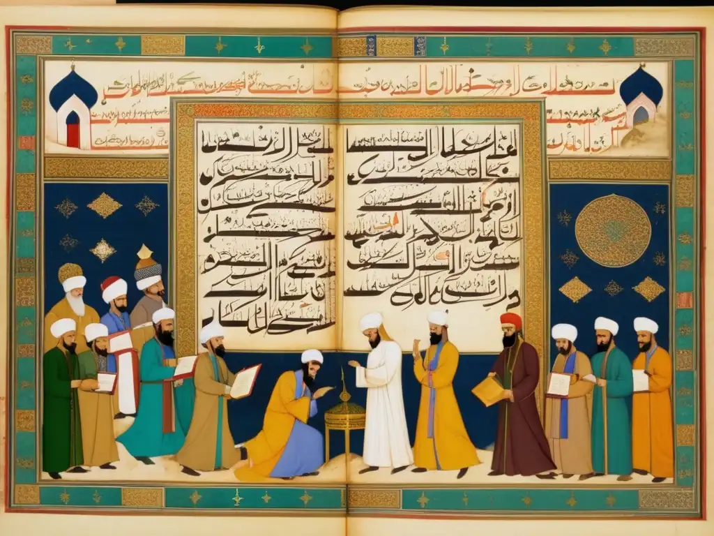 Un manuscrito iluminado del período dorado islámico, muestra caligrafía árabe intrincada y patrones geométricos vibrantes