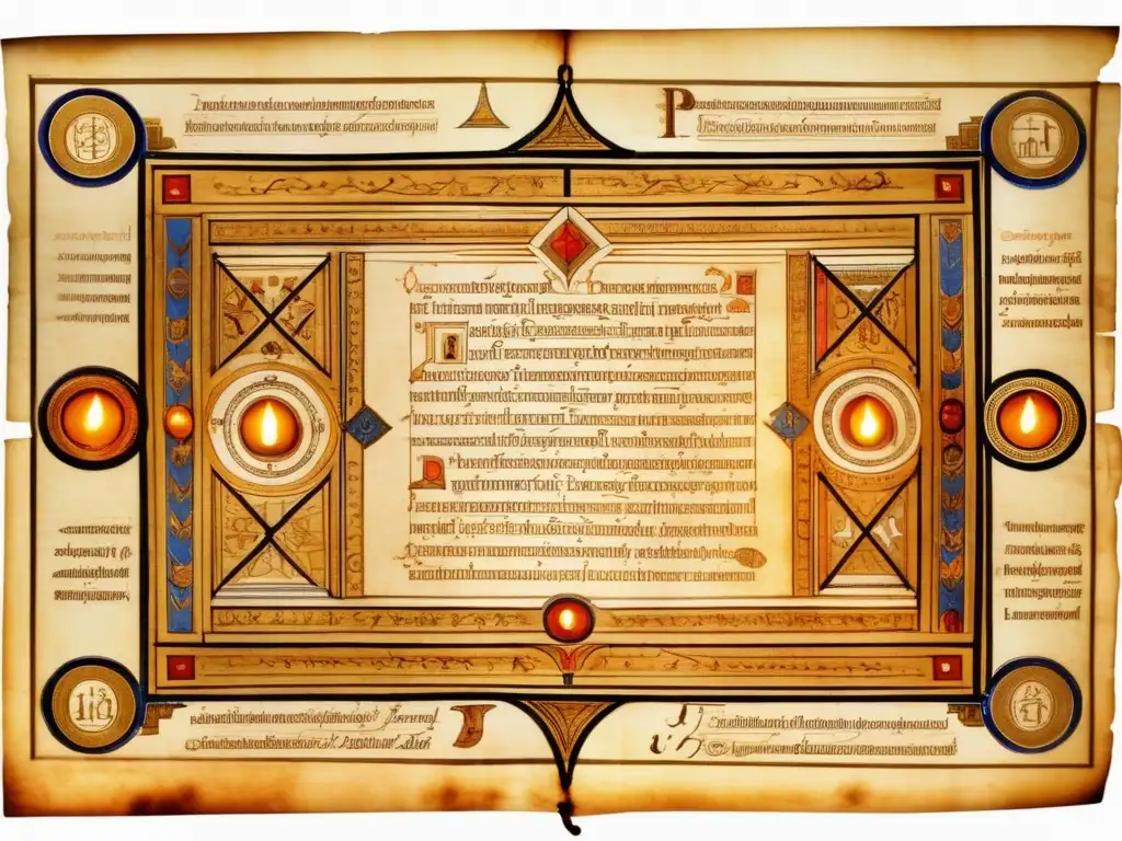 Un manuscrito de pergamino iluminado por la cálida luz de las velas, con intrincados diagramas geométricos y ecuaciones matemáticas