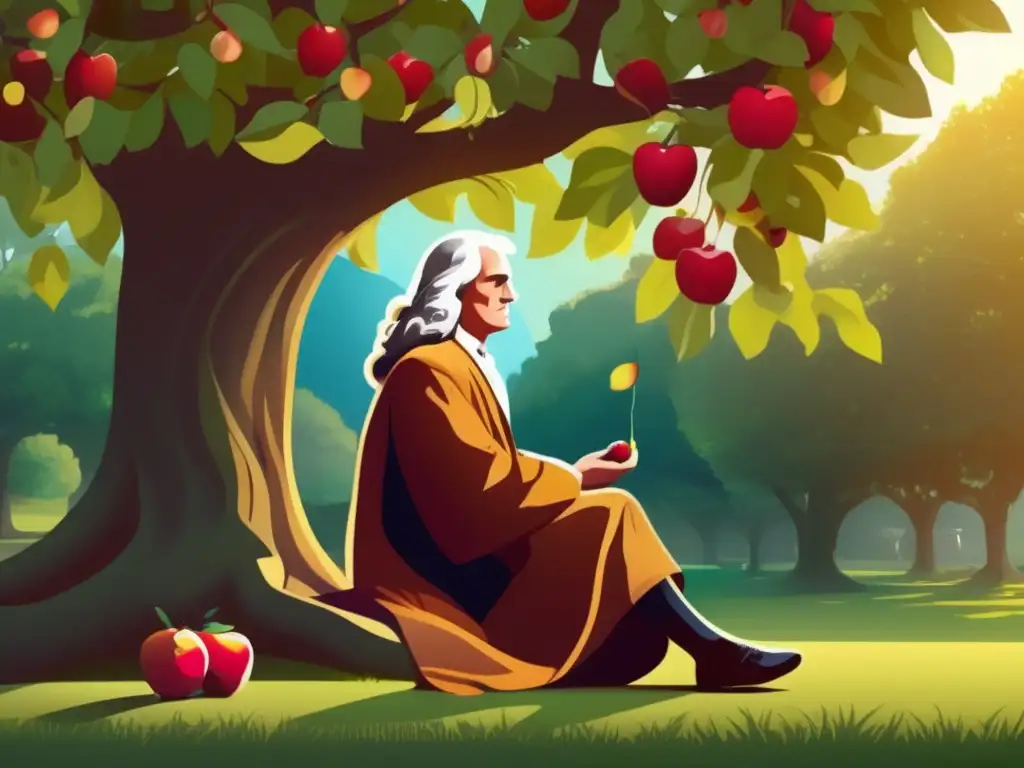 Bajo el manzano, Isaac Newton reflexiona mientras la luz del sol ilumina la caída de la manzana