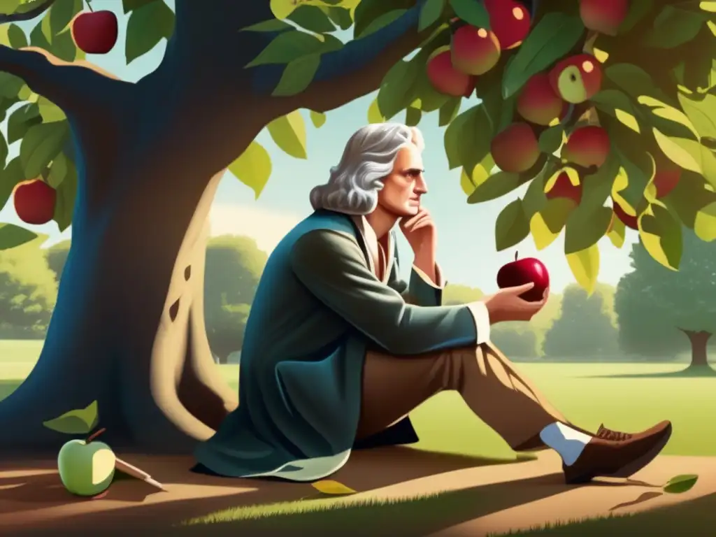 Isaac Newton reflexiona bajo un manzano, la luz solar ilumina las ramas mientras una manzana cae