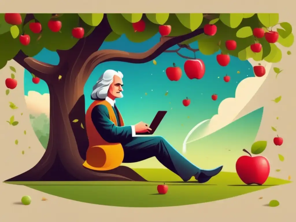 Sir Isaac Newton bajo un manzano, profundo en pensamiento, la manzana cayendo