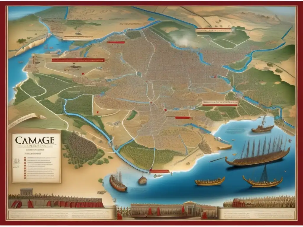 Un mapa detallado de las estrategias militares de Hannibal Barca, con movimientos y planes de batalla marcados en detalle, mostrando su genio táctico en sus legendarias campañas contra Roma