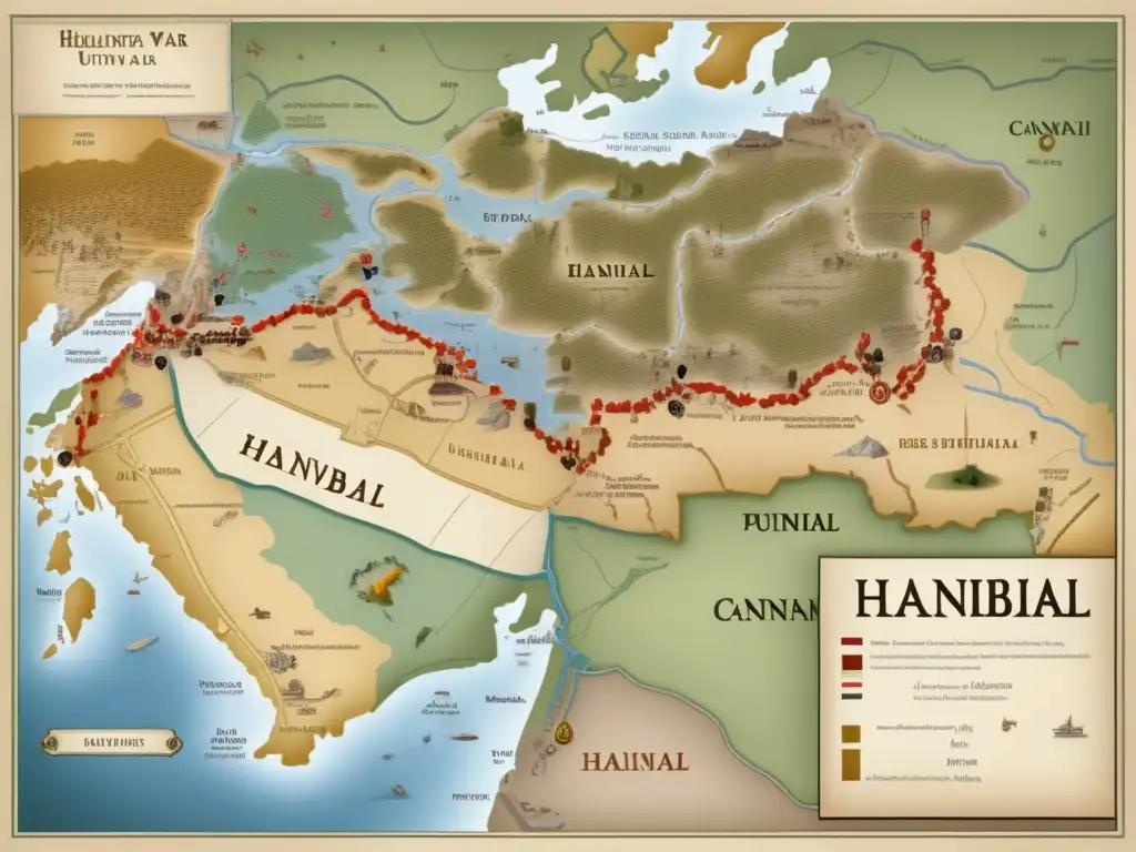 Un mapa detallado en 8k muestra las estrategias militares de Aníbal en las Guerras Púnicas