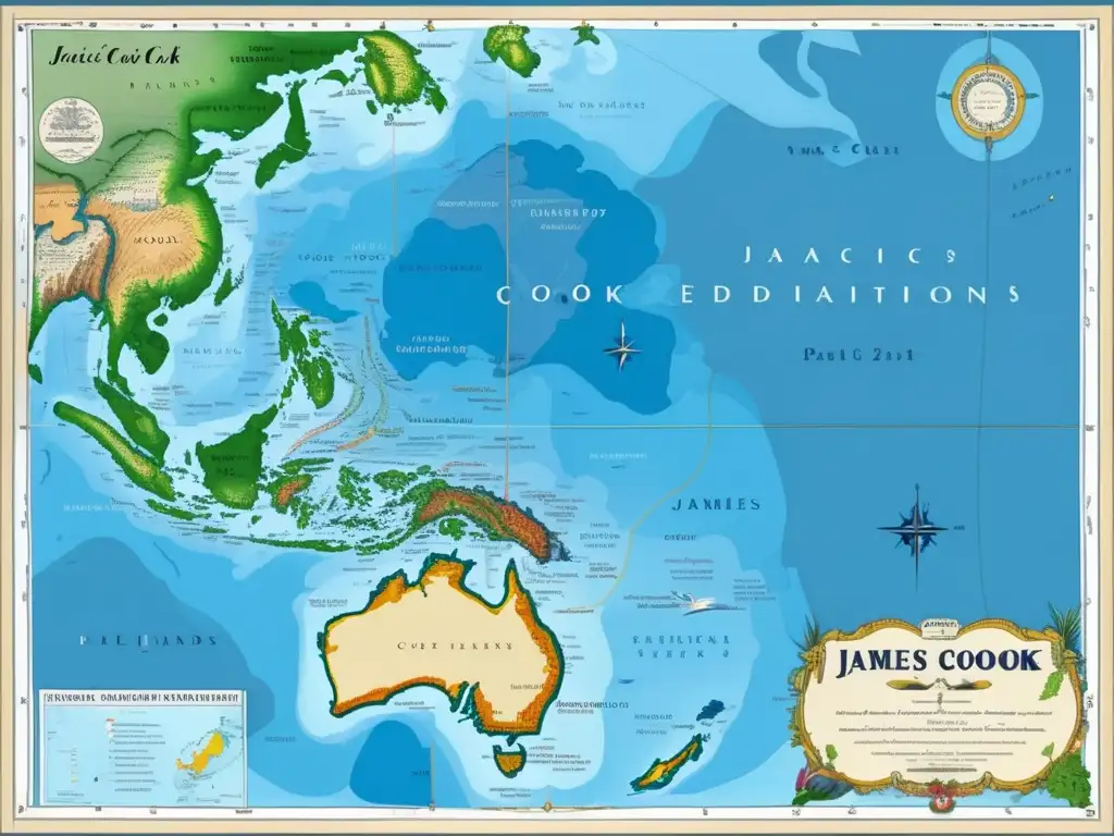 Un mapa detallado del océano Pacífico muestra las exploraciones de James Cook en Oceanía